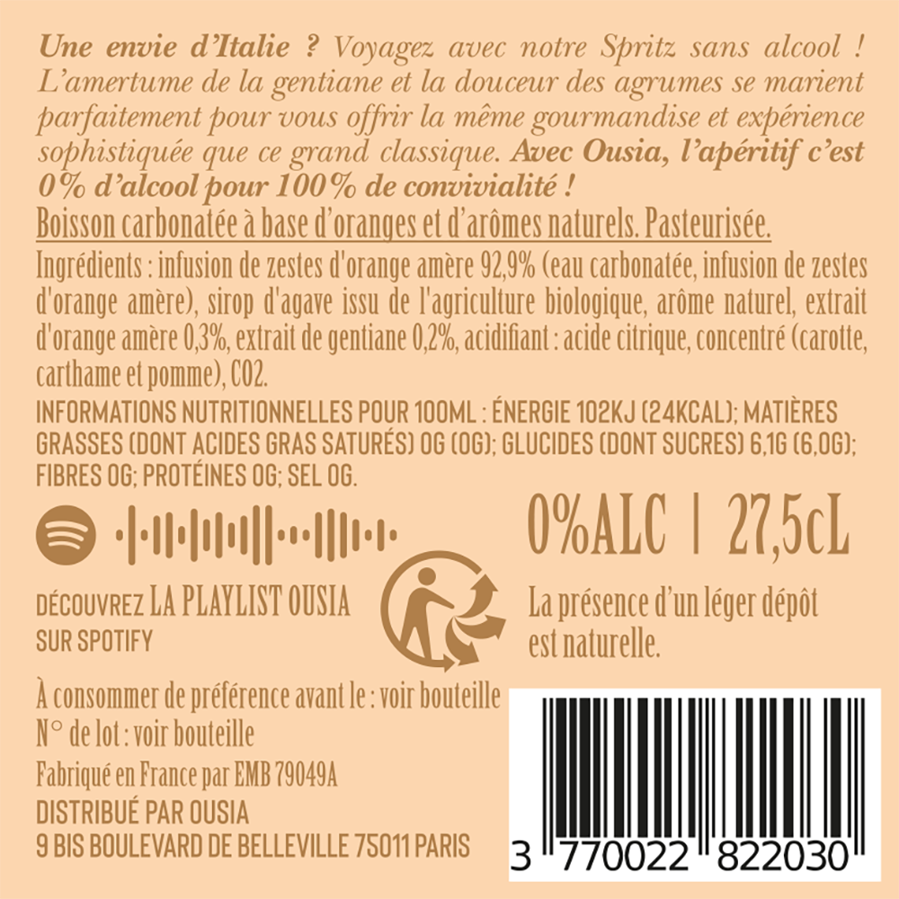 étiquette-etiquette-étiquette produit-etiquette produit-spritz-cocktail-cocktails-sans alcool-convivialité-apéritif-naturel-fait en France-faits en France-francais-français-peu sucré-peu sucrés-Ousia-Ouisa-Ouisia-boisson sans alcool-mixologie-créations maison-rumcito-gin tonic-g&tonic-green spirit-ambiance-partage-fraicheur-fraîcheur-amertume-pétillant-petillant-pétillants-petillants-infusion-arôme-arome-arôme naturel-arome naturel-zestes d'orange amère-zestes dorange amère-gentiane-sirop d'agave-spotify